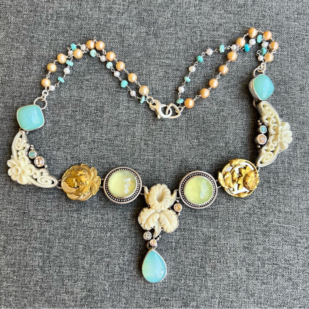 Mars And Valentine Floral Statement Necklace with Pearl Accents Blue Topaz